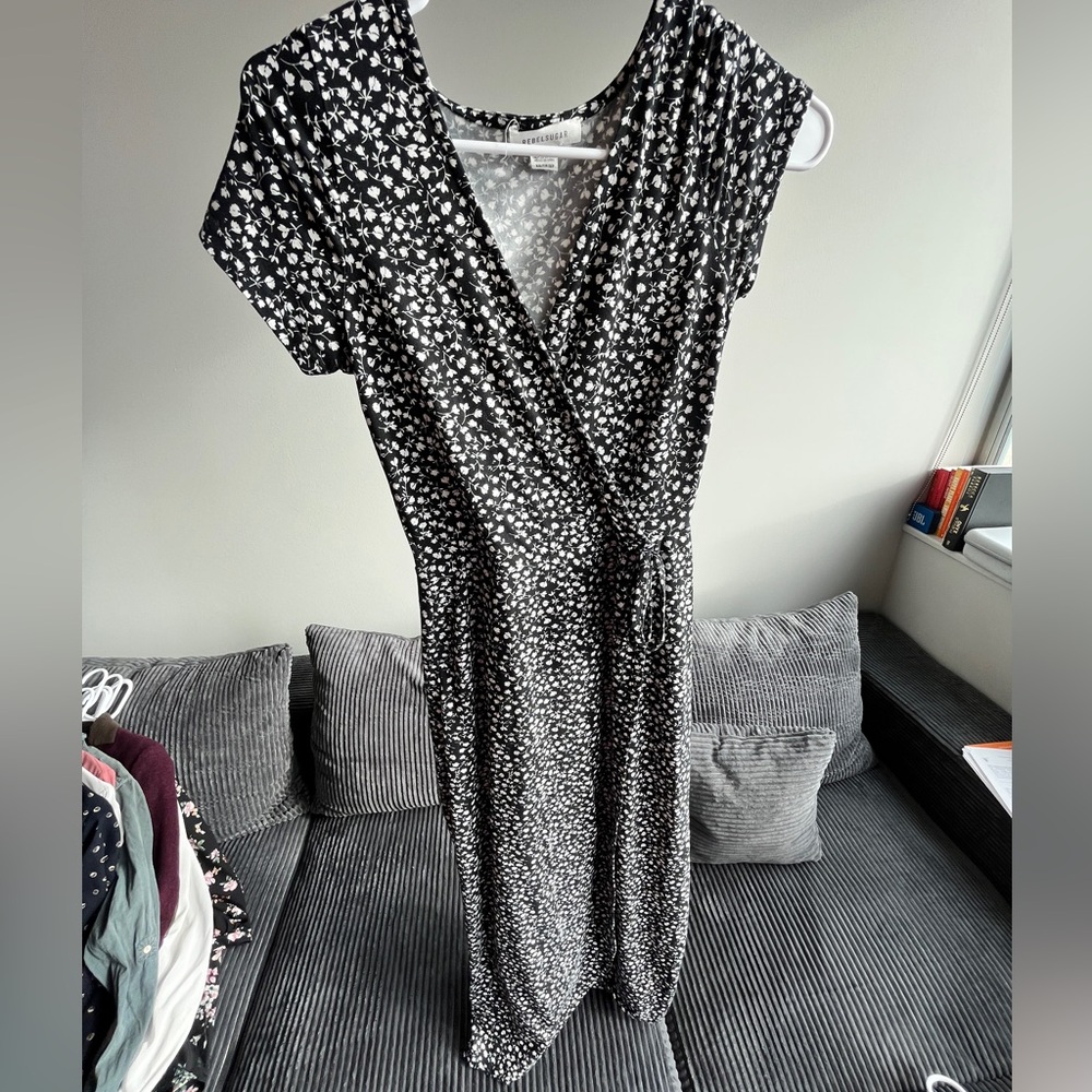 Elegant Black and White Floral Wrap Dress